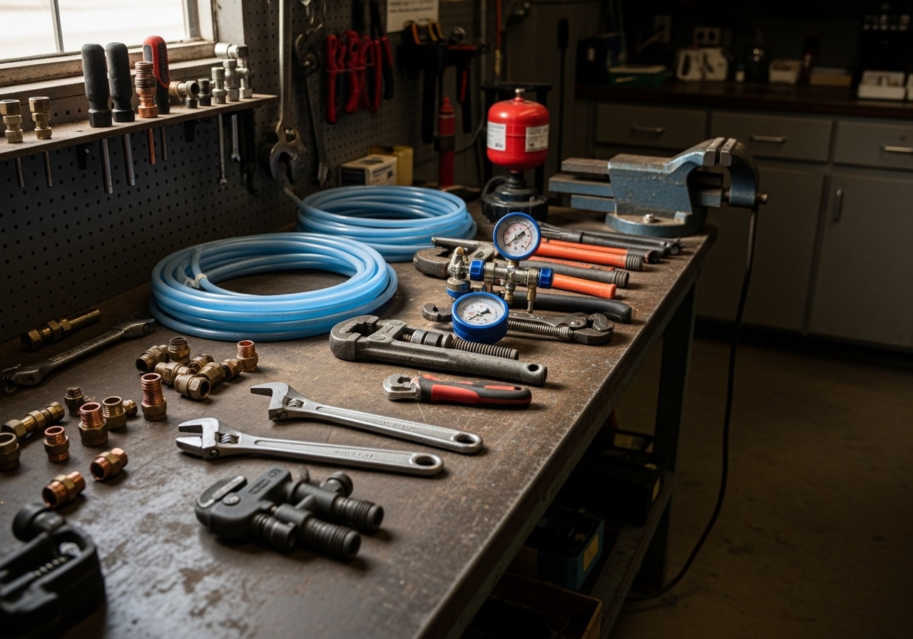 Professional plumbing tools and equipment arranged on a workbench, representing the skilled trades and commercial service expertise.