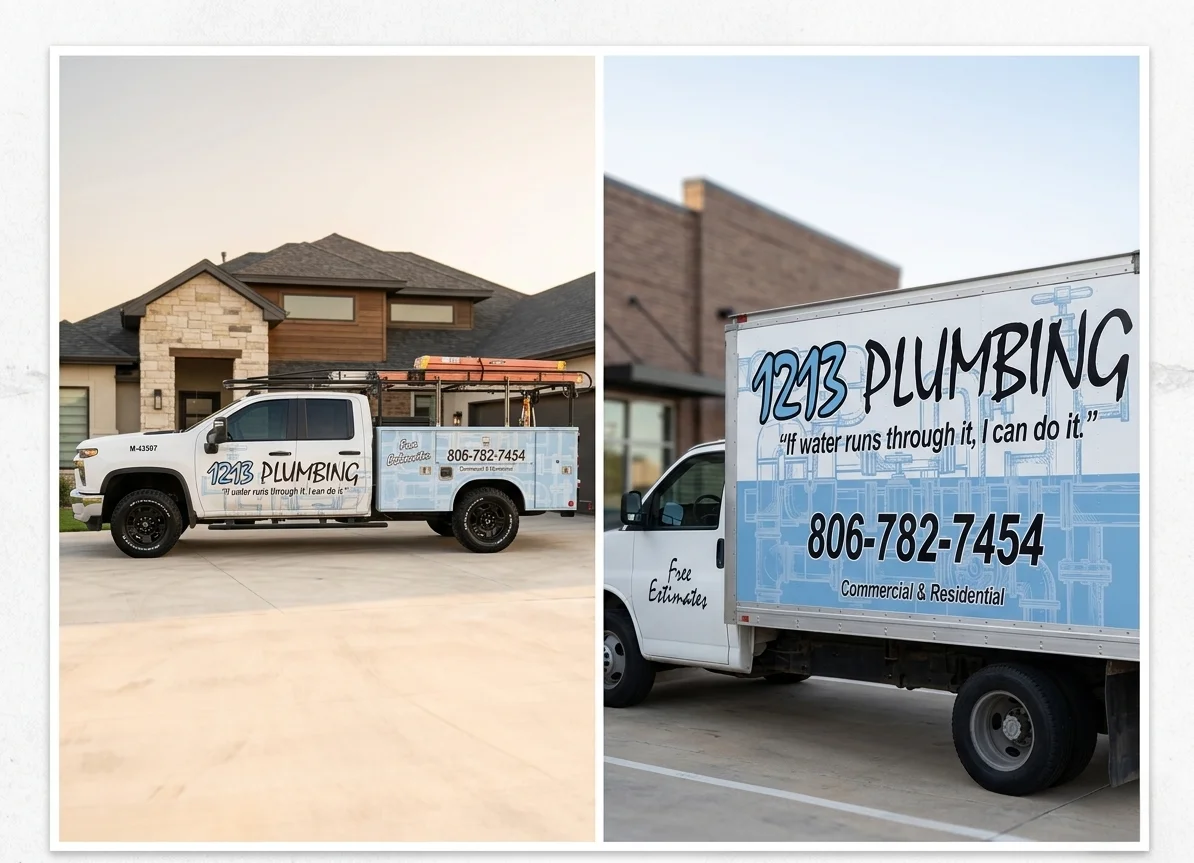 1213 Plumbing LLC branded service truck and box truck ready for commercial plumbing jobs across Lubbock and West Texas
