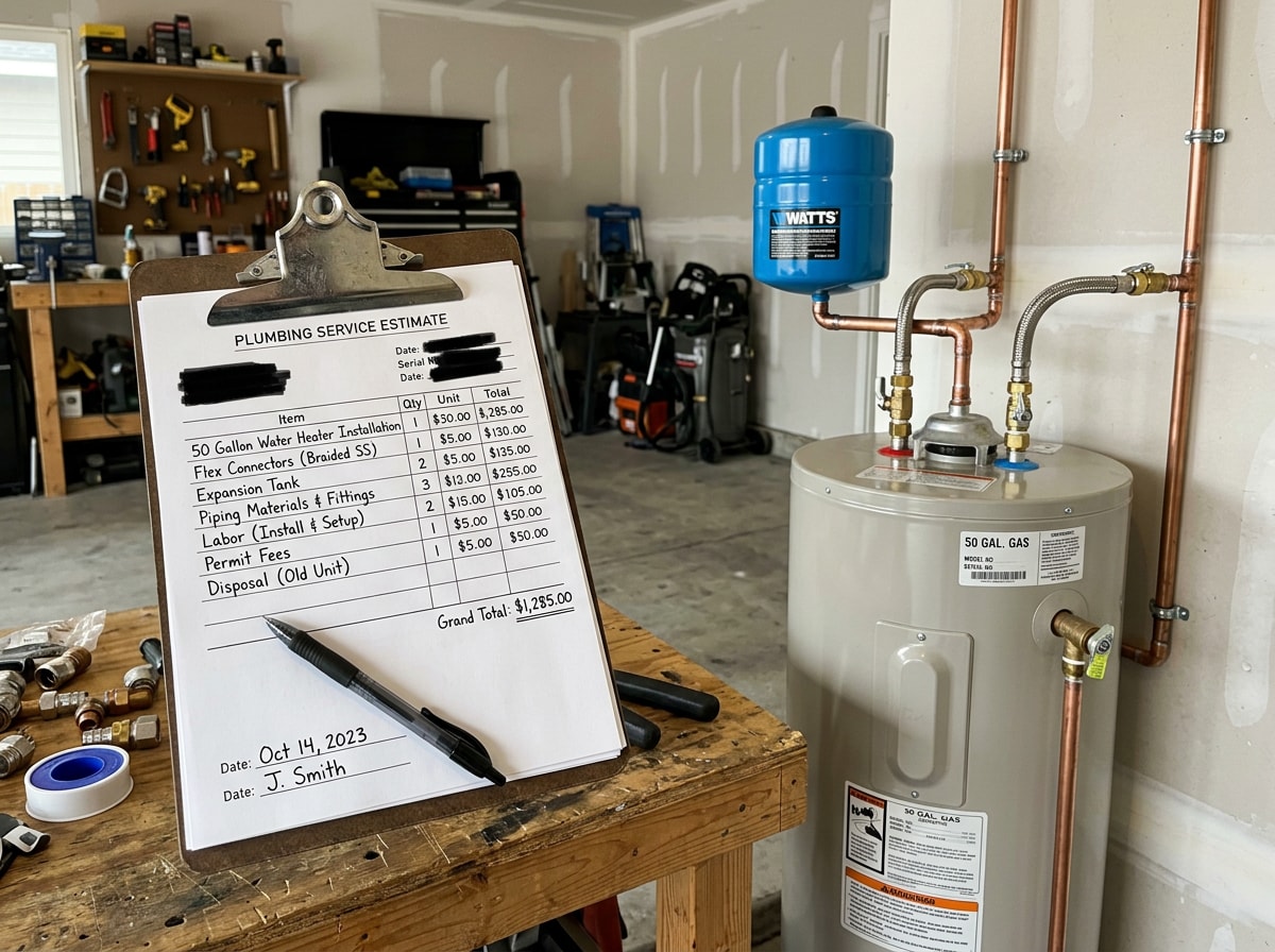 Written plumbing estimate on a clipboard beside a newly installed water heater