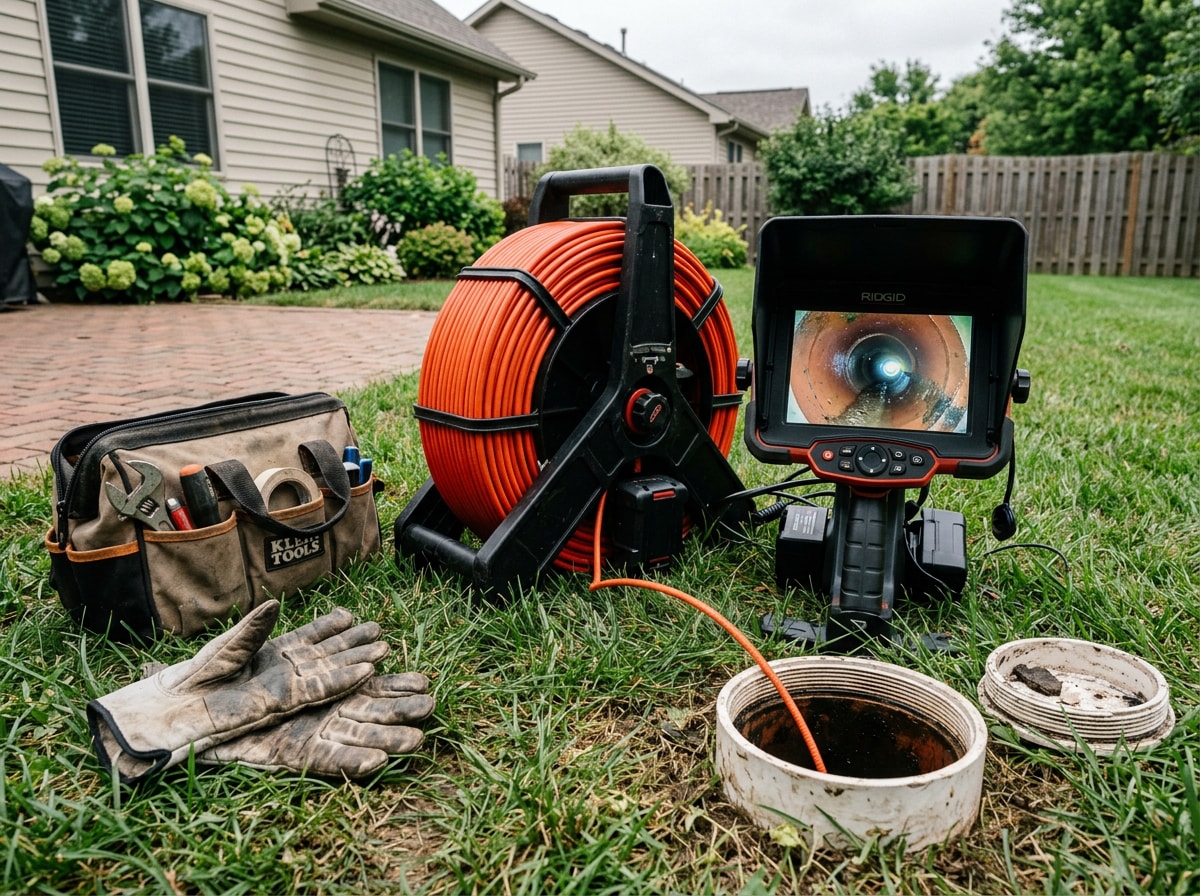 Sewer camera inspection reel and monitor set up beside an open cleanout in a residential yard