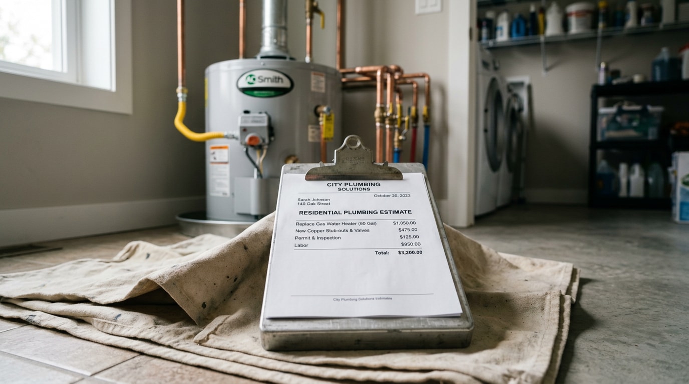 Printed plumbing estimate on a clipboard in a residential utility room
