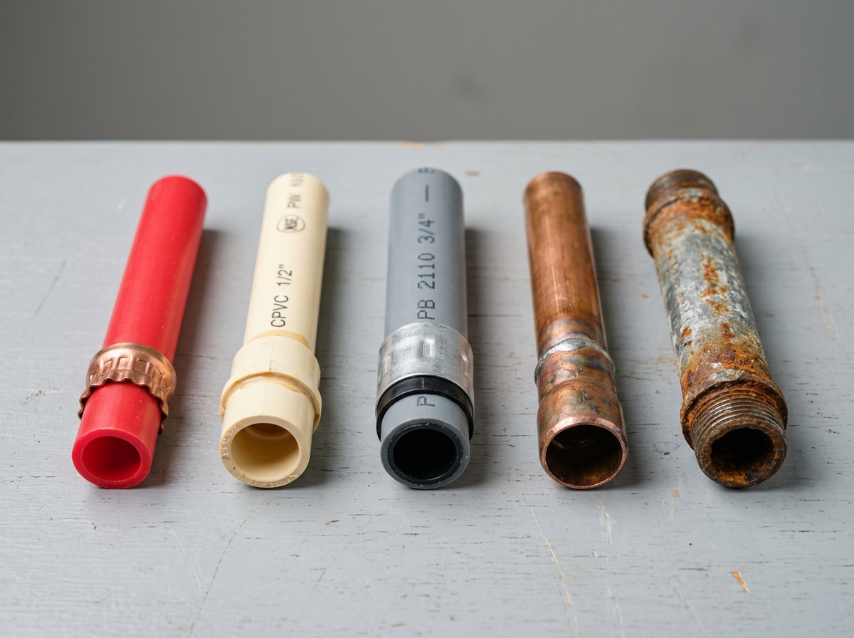 PEX, CPVC, polybutylene, copper and galvanized pipe samples laid side by side on a workbench