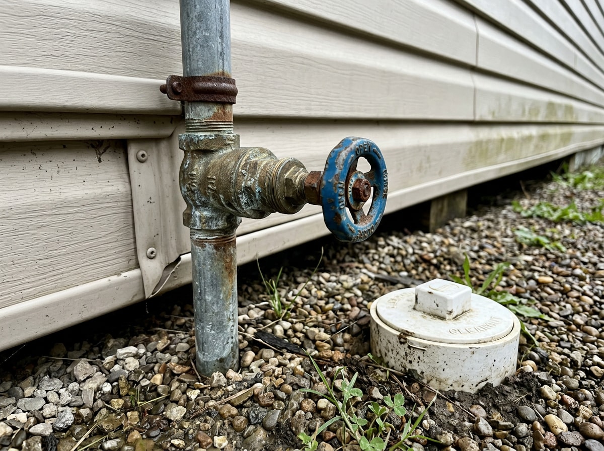 Exterior main water shut-off valve and capped sewer cleanout beside a skirted manufactured home
