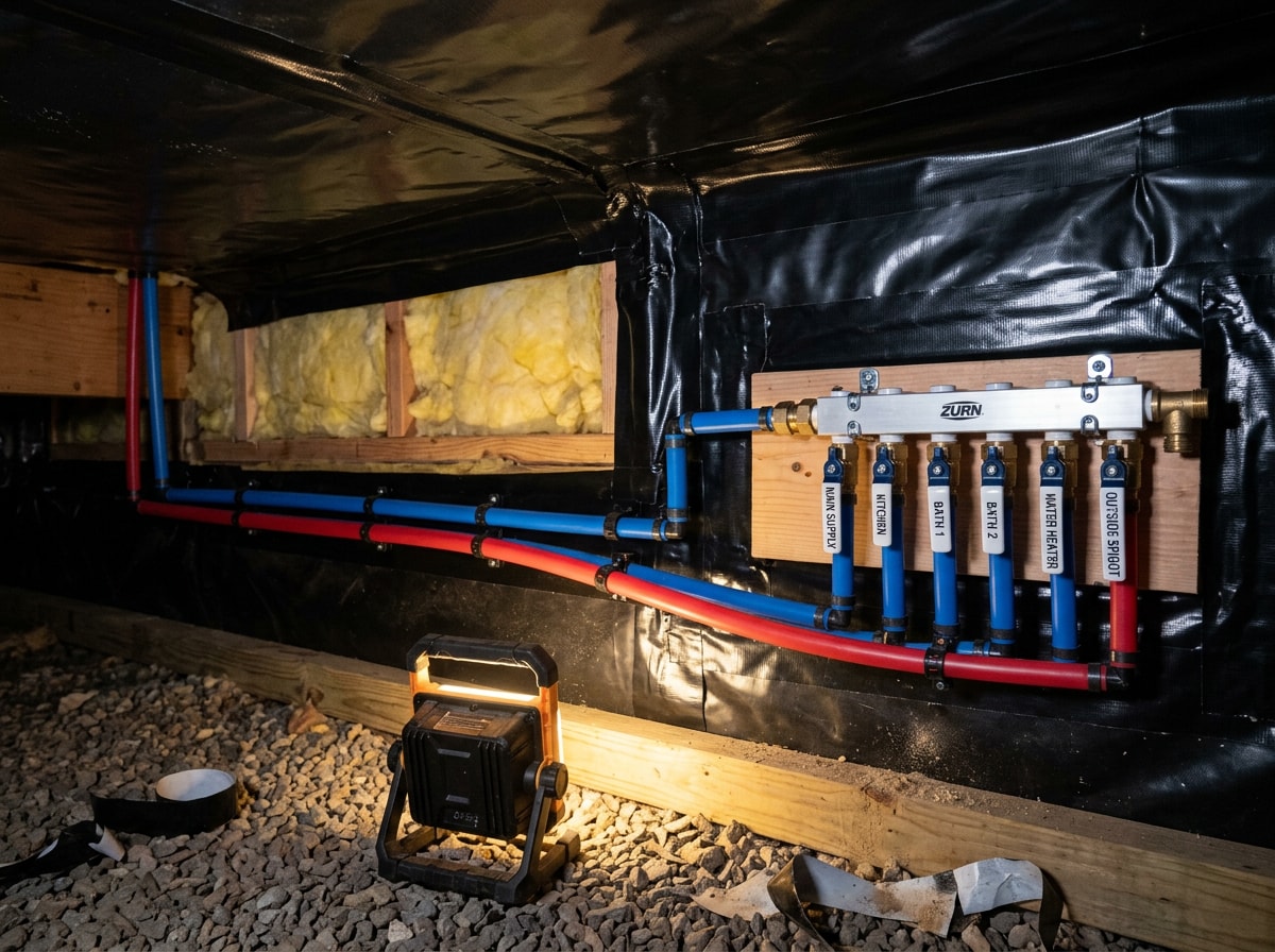 Neatly repaired PEX manifold and resealed underbelly wrap beneath a manufactured home