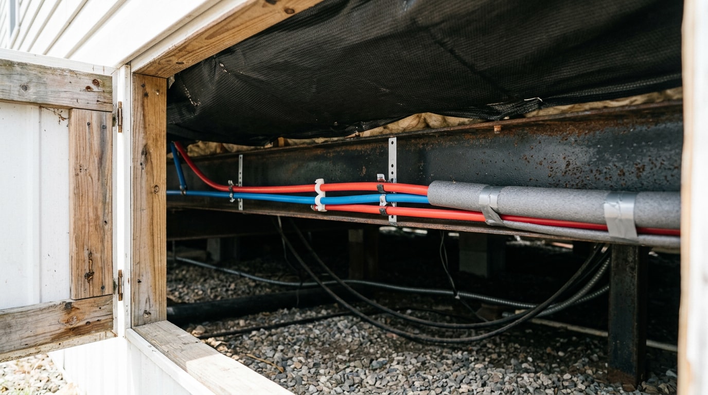PEX supply lines and underbelly wrap beneath a manufactured home