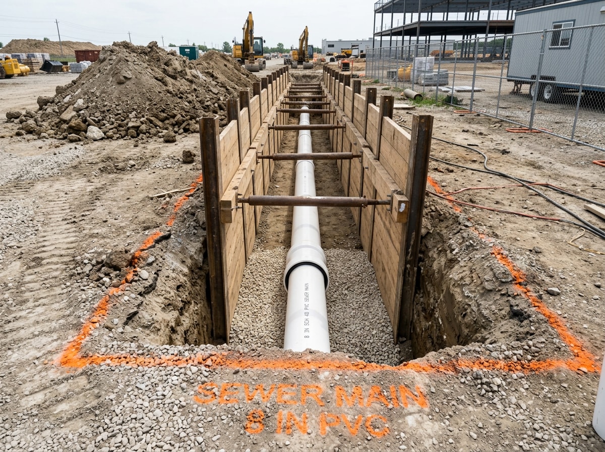 New PVC sewer main set in an open trench with compacted bedding