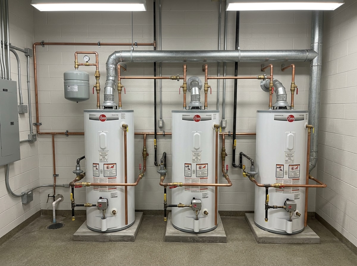 Bank of commercial gas water heaters piped in a clean mechanical room
