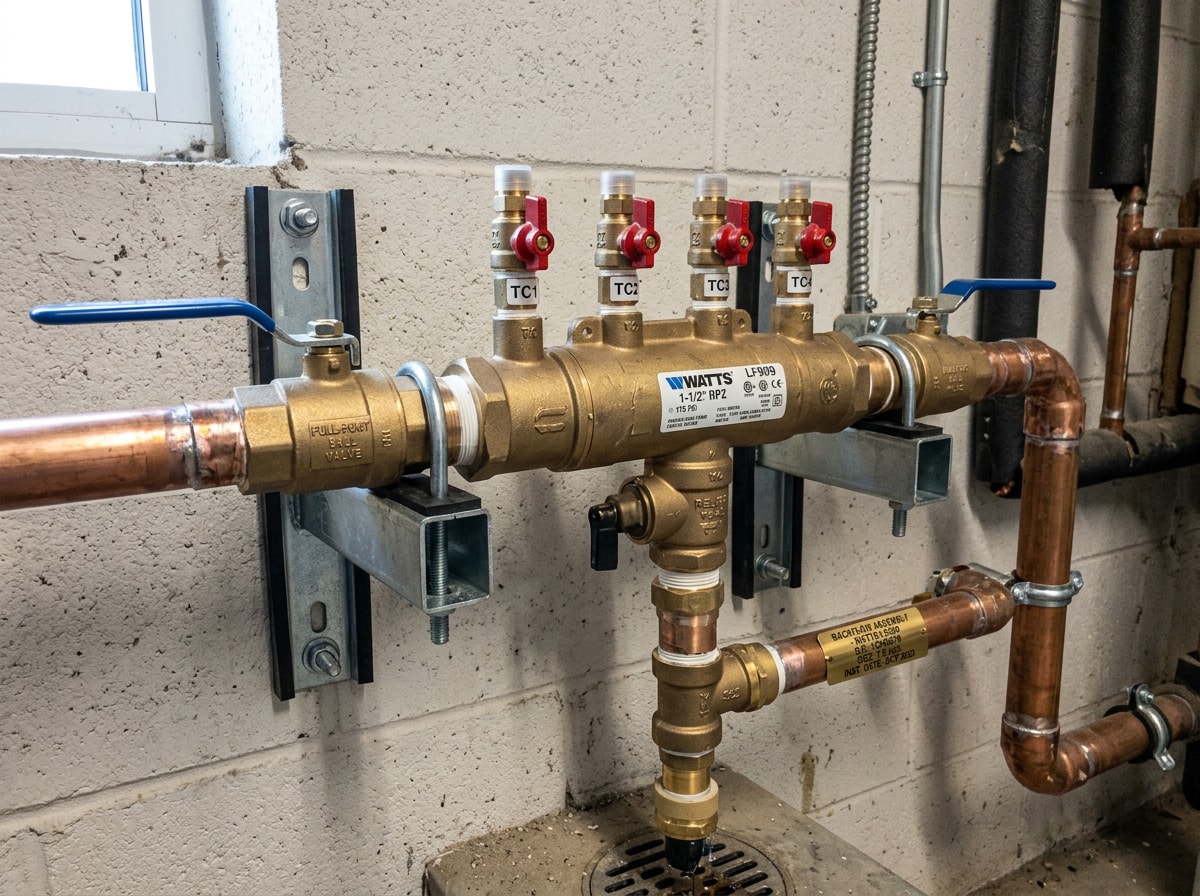 RPZ backflow prevention assembly mounted on a commercial water service with test cocks