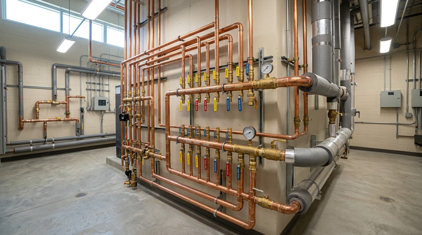 Finished commercial plumbing manifold with copper piping, valves, and pressure gauges in a mechanical room