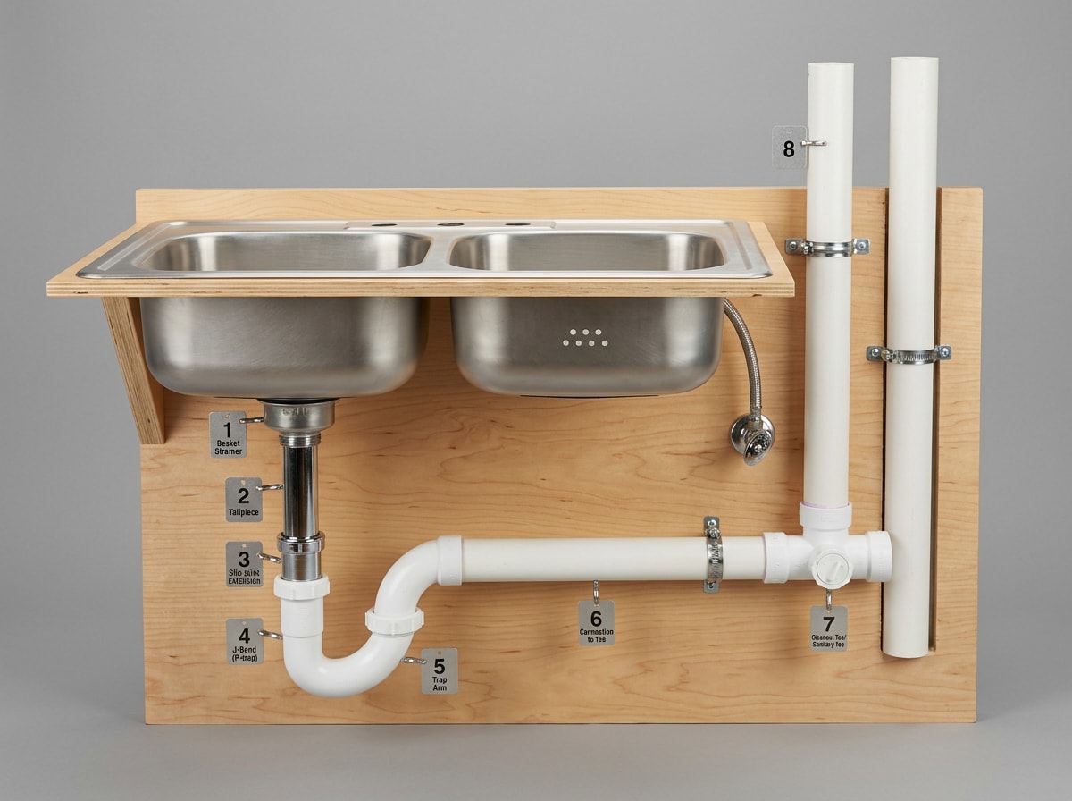 Labeled sink plumbing diagram showing supply lines, shut-off valves, strainer, tailpiece, P-trap, trap arm and vent
