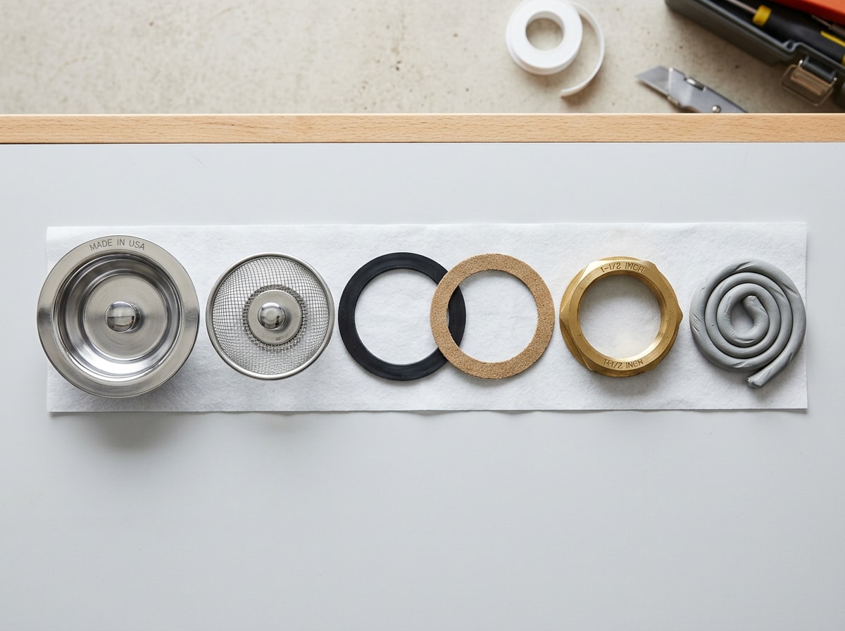 Exploded view of a kitchen sink basket strainer, flange, rubber gasket, fiber washer and locknut