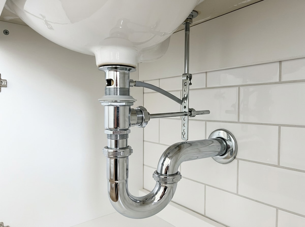 Labeled bathroom sink plumbing diagram showing pop-up stopper, lift rod, clevis, pivot rod and overflow channel