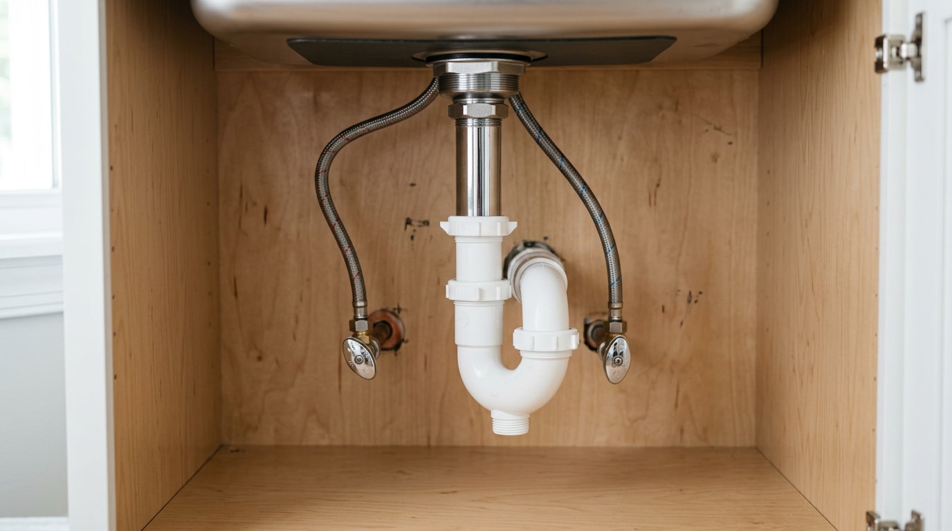 Under-sink plumbing with P-trap, tailpiece, shut-off valves and braided supply lines