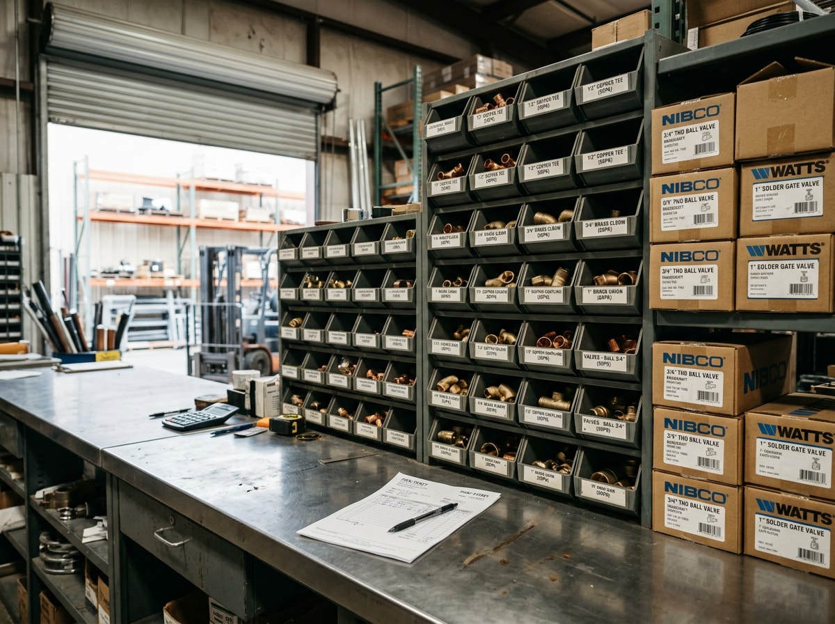 Wholesale plumbing supply house aisle with organized racks of copper pipe, PVC fittings and valves