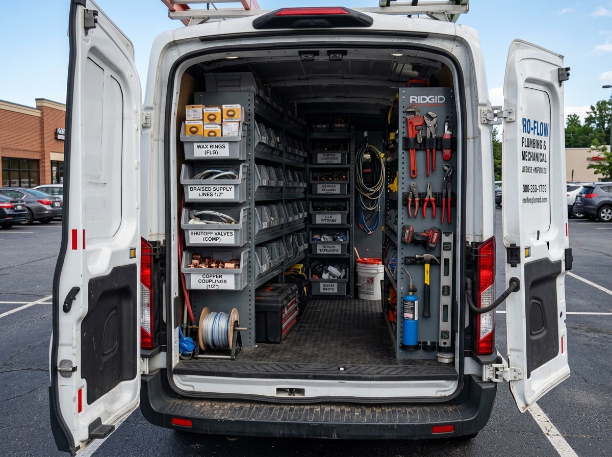 Commercial service van with labeled bins of fittings, shutoff valves and supply lines from a truck stocking program