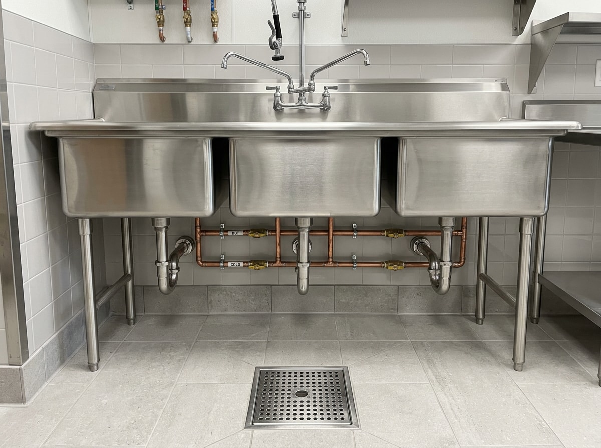 Finished commercial three-compartment sink and floor drain installation with polished stainless steel and copper supply lines