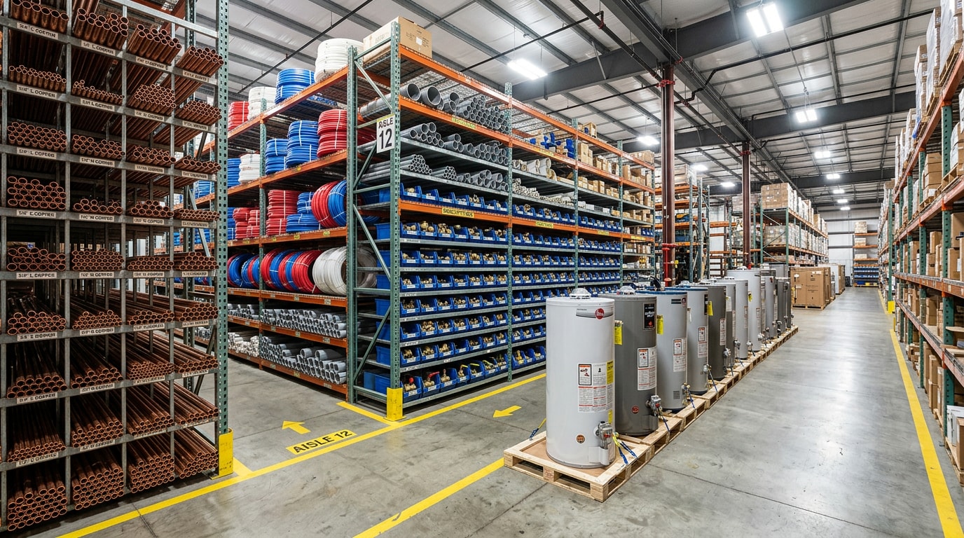 Wholesale plumbing supply warehouse aisles stocked with copper pipe, PVC, fittings and commercial water heaters