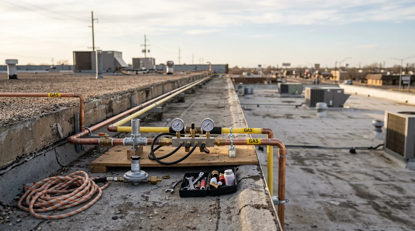 Professional plumber installing commercial gas line in Lubbock facility