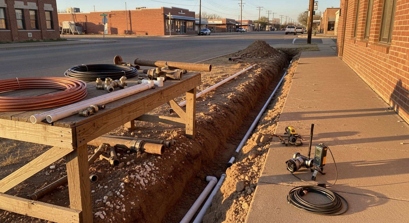 Commercial plumber installing water lines and fixtures in Lubbock business