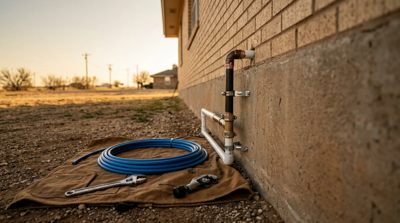 Professional plumber installing water pipes in a Lubbock home
