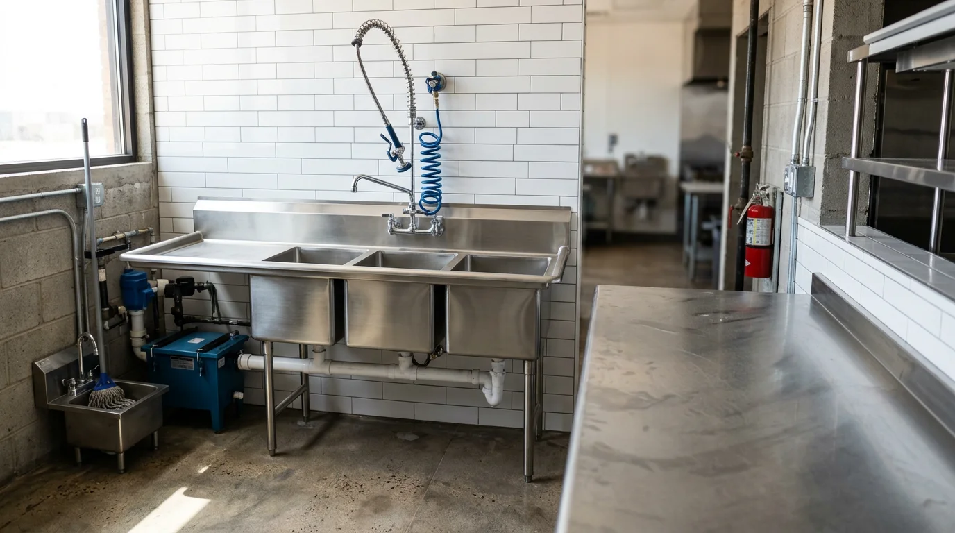 Commercial kitchen plumbing fixtures including stainless steel sink and grease trap installation