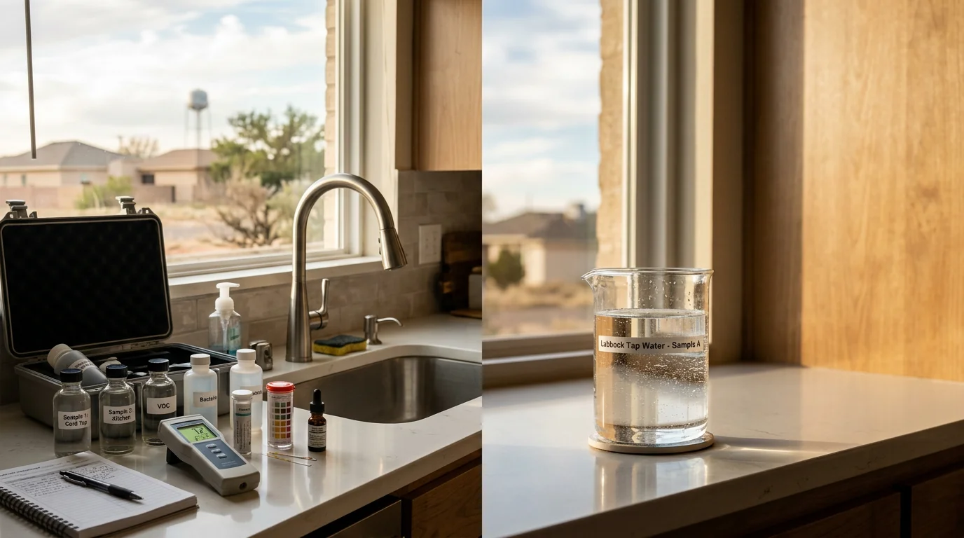 Plumber performing water quality testing with professional equipment in Lubbock home