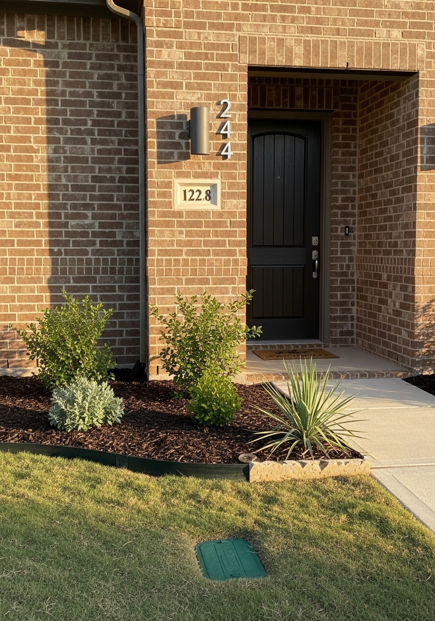 Close-up of a Lubbock home's front entrance with landscaping and local architectural details.
