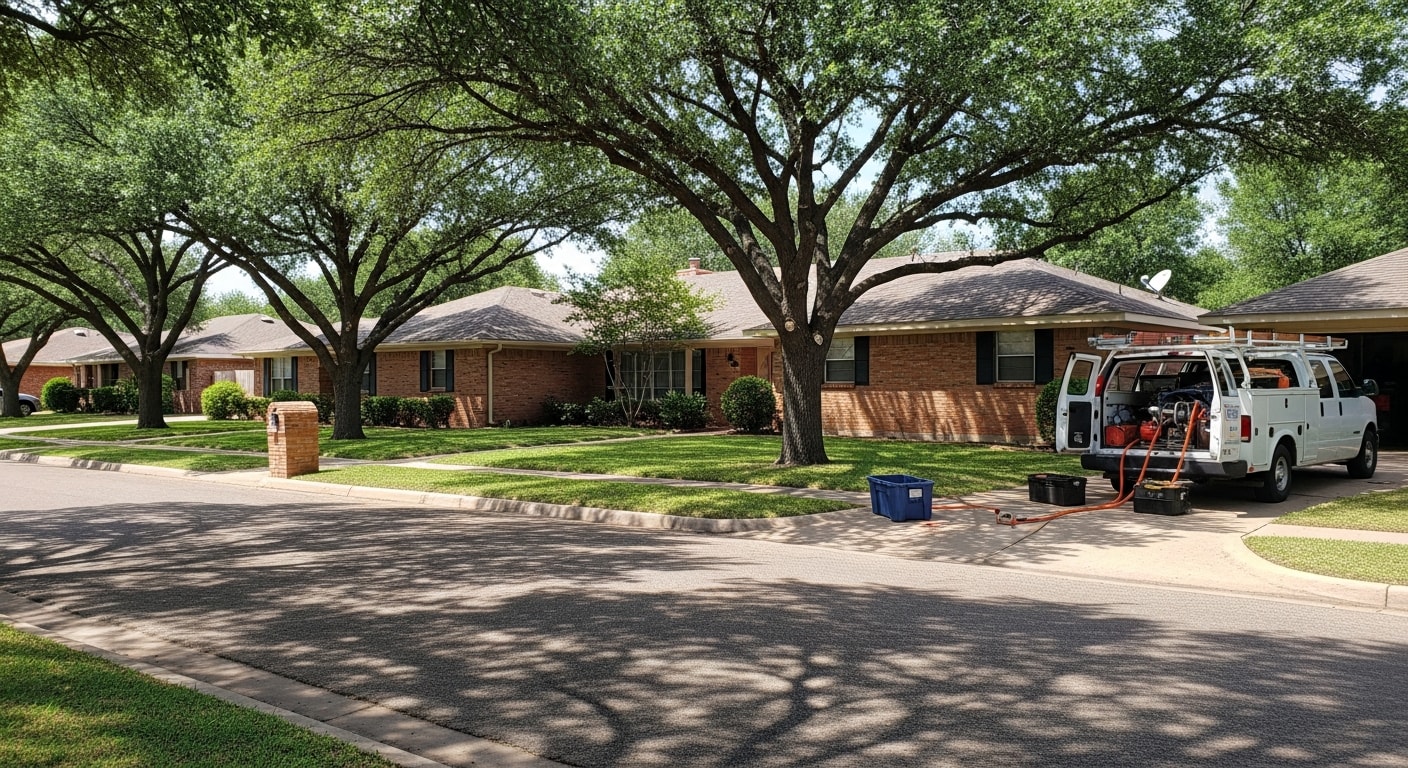 Wide view of Lubbock residential neighborhood with mature trees and brick homes under clear South Plains sky.