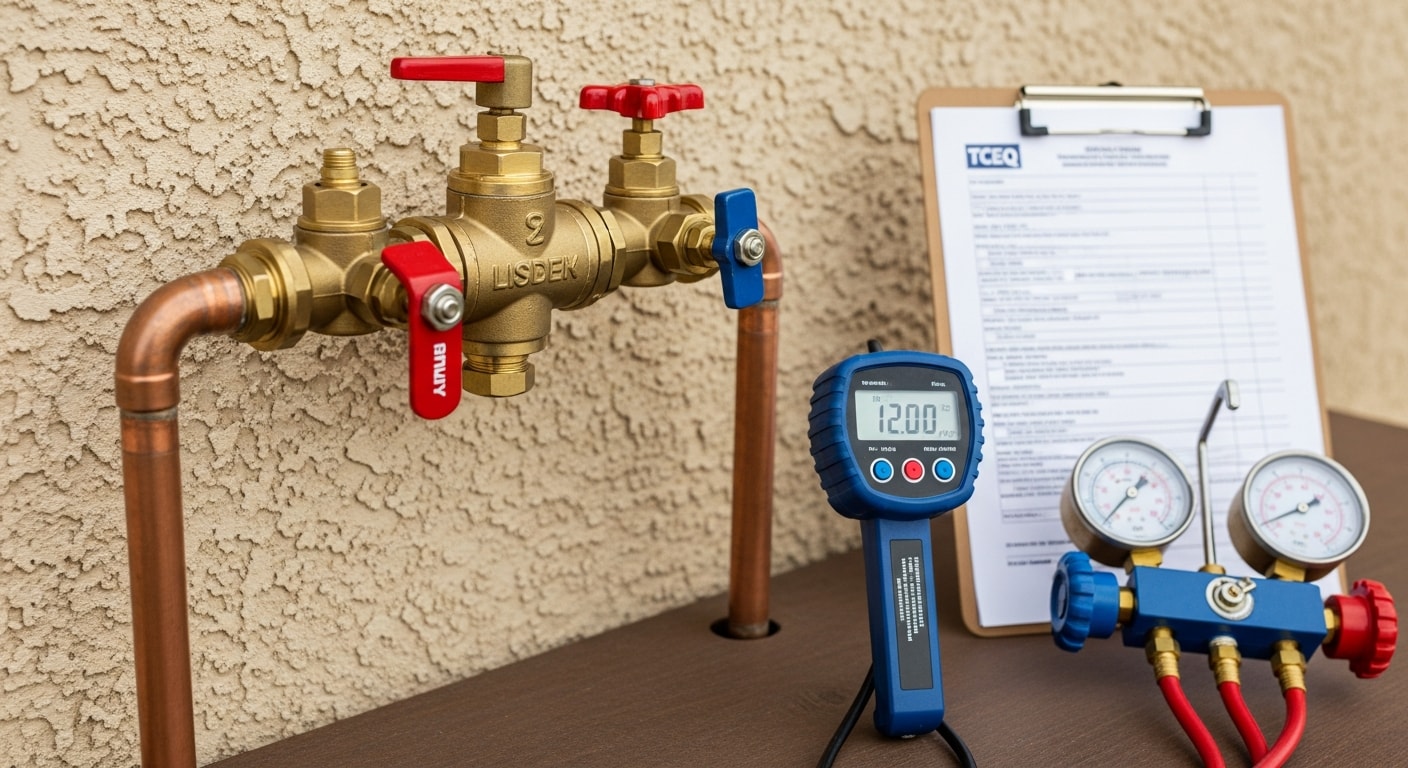A licensed plumber from 1213 Plumbing LLC connects calibrated test gauges to a backflow prevention assembly at a Lubbock, Texas residential property. The technician records pressure readings on the City of Lubbock's official Test and Maintenance Form.