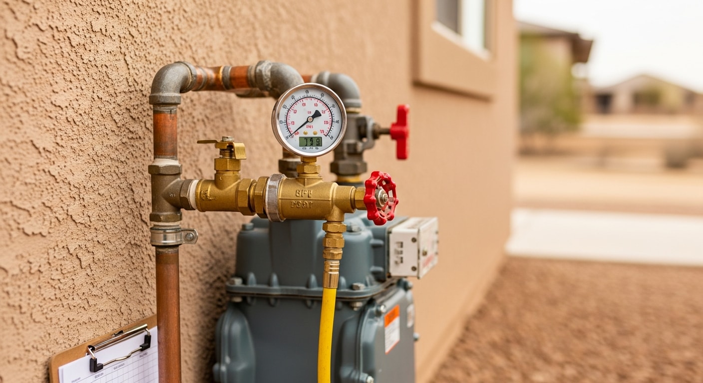 A licensed gas fitter from 1213 Plumbing LLC connects a pressure gauge to a residential gas meter in Lubbock, Texas. The technician monitors the gauge reading during an annual gas line pressure test at a single-family home.