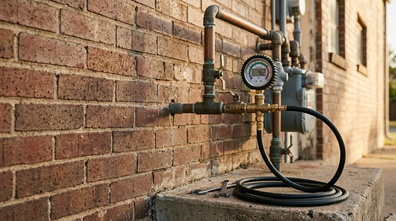 A plumber using a pressure gauge to test a natural gas piping system inside a commercial building in Lubbock, Texas. The gauge is connected to the gas line downstream of the meter, with piping visible along the wall.