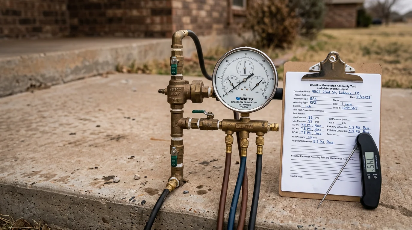 A plumber connecting pressure test gauges to a backflow prevention assembly on a residential property in Lubbock, Texas. The device is mounted on an exterior wall with test cocks visible and testing equipment attached.