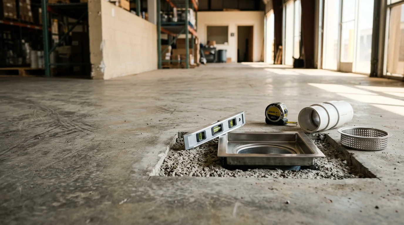 A newly installed commercial floor drain with a removable strainer set flush into a concrete floor inside a commercial building in Lubbock, Texas. The drain is centered in a sloped floor area designed to channel water away from the work space.