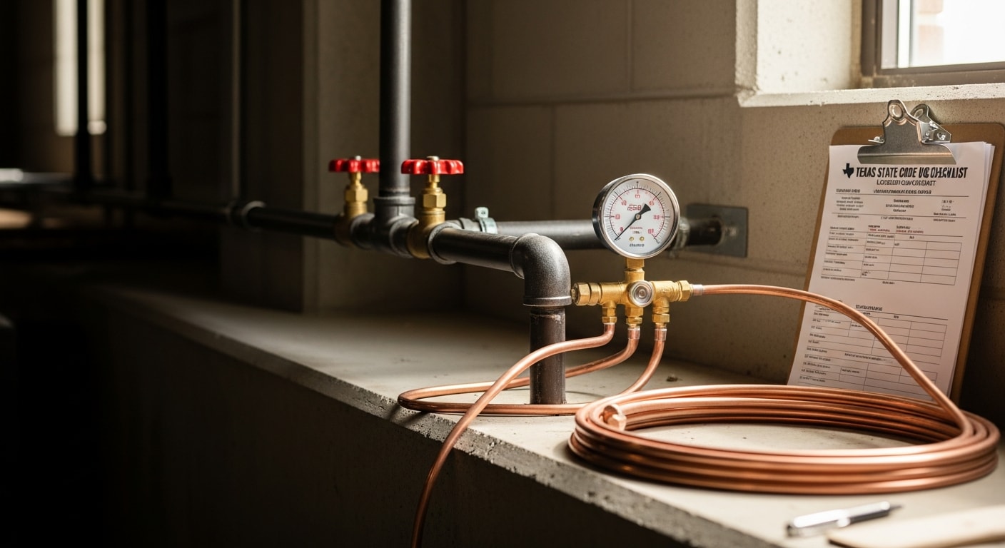 A licensed gas fitter installing commercial gas supply piping inside a Lubbock, Texas commercial building. Steel gas lines run along the ceiling with labeled shutoff valves at each branch connection.