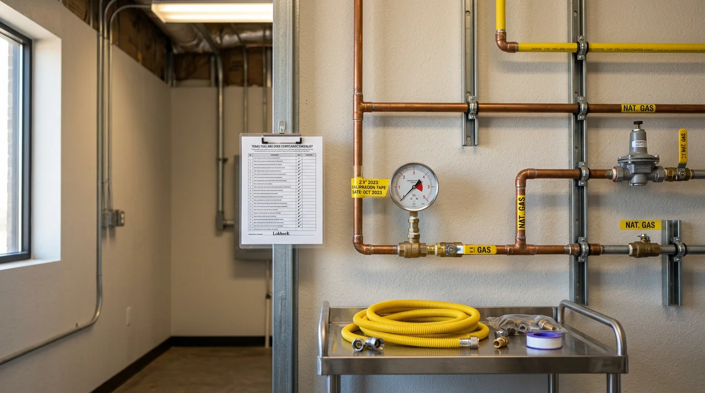 A commercial gas piping system installed along the interior wall of a Lubbock, Texas warehouse, showing properly routed and secured gas lines ready for pressure testing. A plumber from 1213 Plumbing LLC inspects the connections before the system goes into service.