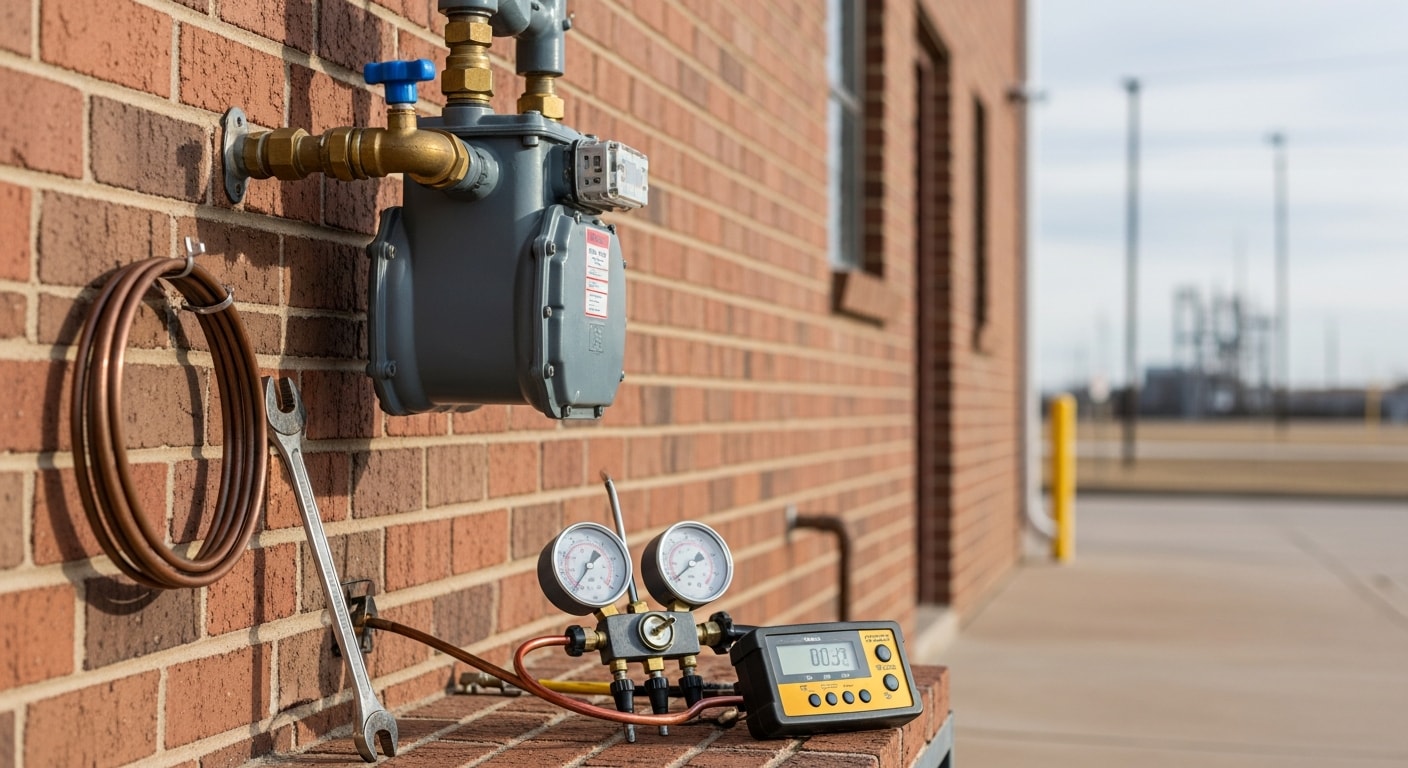 A licensed gas fitter from 1213 Plumbing LLC inspecting a commercial gas distribution line inside a Lubbock, Texas business. The technician uses a pressure gauge to test the integrity of the repaired gas system.