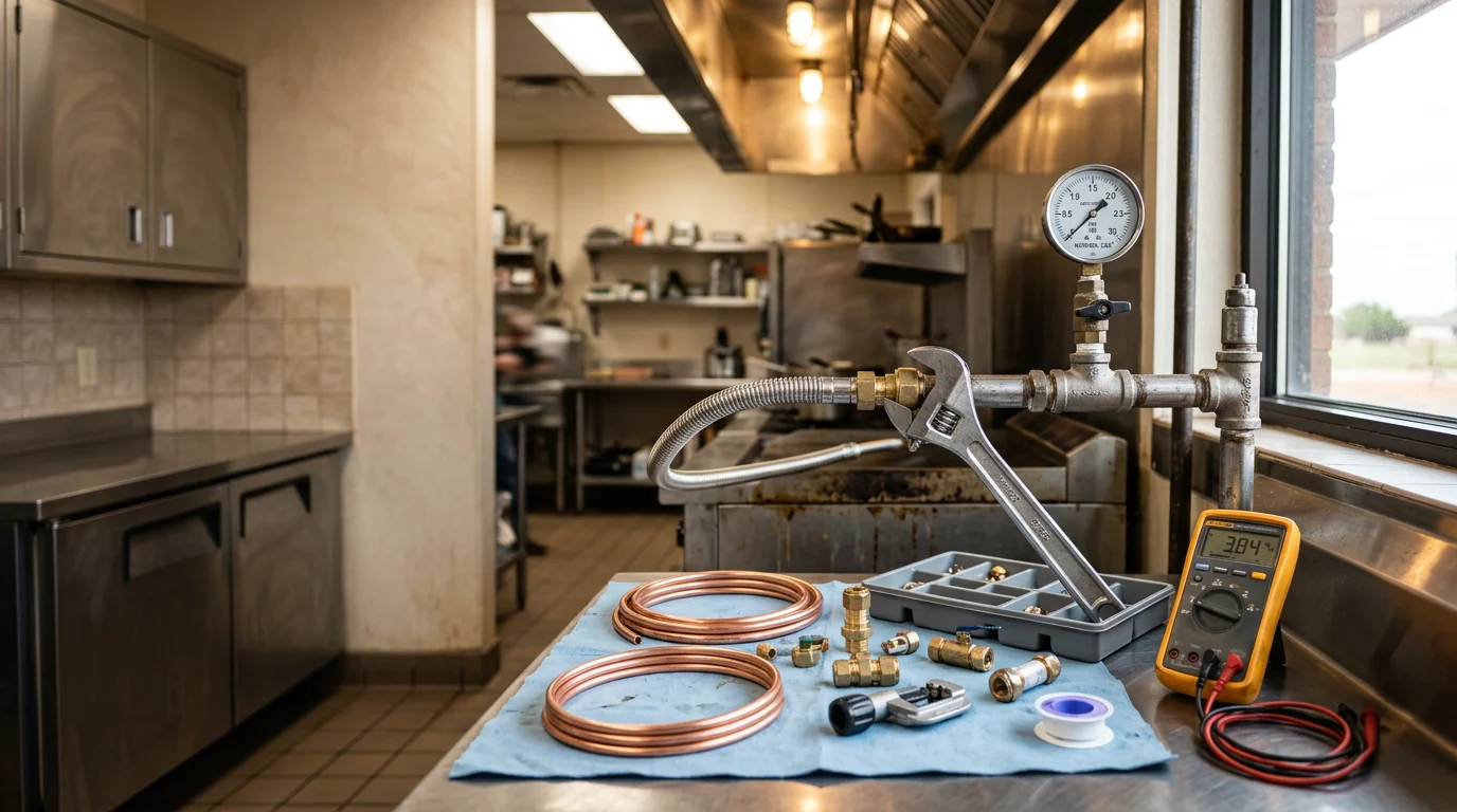 A plumber inspecting exposed commercial gas piping and fittings inside a Lubbock, Texas business. The image shows a close-up of a gas line connection being checked for leaks during a repair service call.