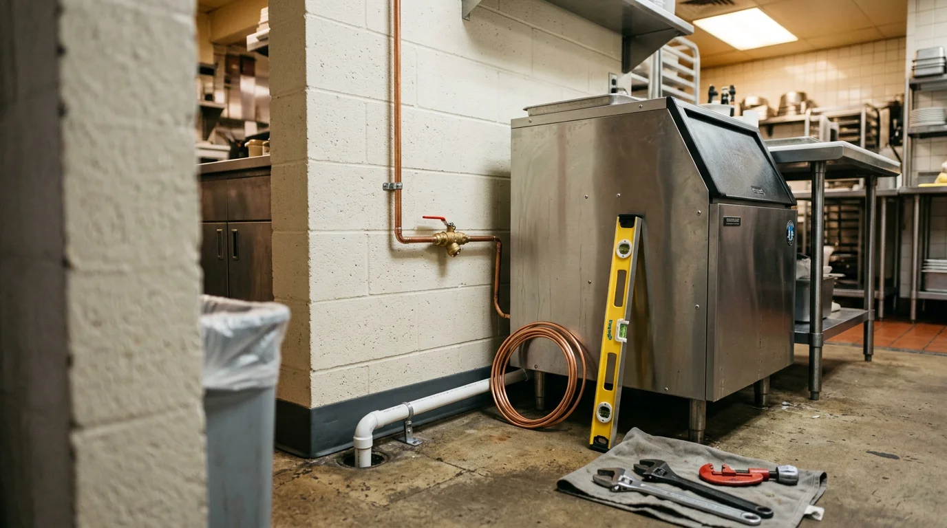 A plumber connecting a water supply line and shutoff valve to a commercial icemaker in a Lubbock, Texas restaurant kitchen. The copper supply line runs from the wall connection to the back of the ice machine with compression fittings secured at each joint.