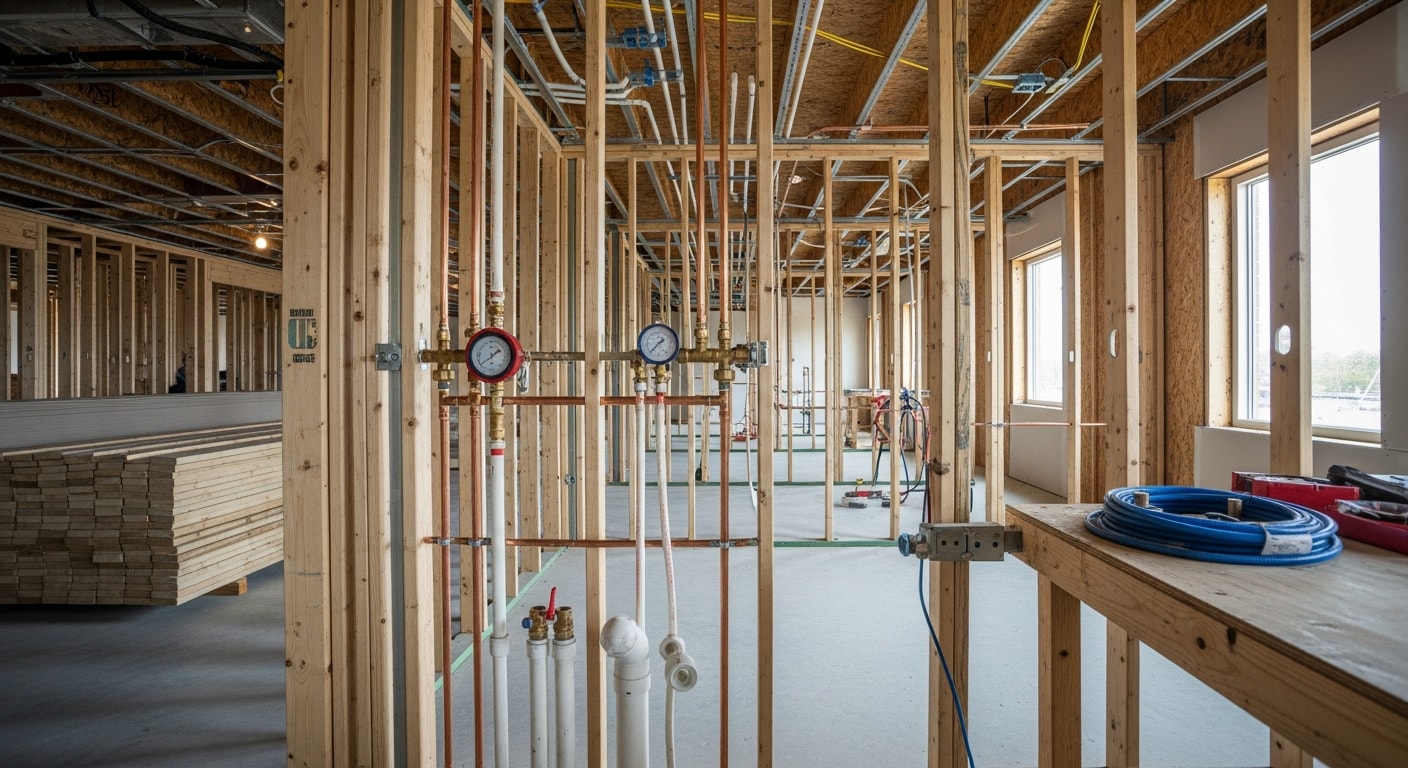 A licensed plumber installing drain and supply rough-in lines inside the open wall framing of a commercial building under construction in Lubbock, Texas. Pipe hangers, cleanouts, and vent stacks are visible before wall closure.