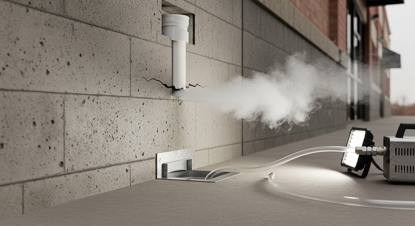 A licensed plumber from 1213 Plumbing LLC monitors white non-toxic vapor escaping from a cracked vent pipe connection inside a commercial building in Lubbock, Texas. The visible plume marks the exact location of the defect against a finished ceiling in an occupied commercial space.
