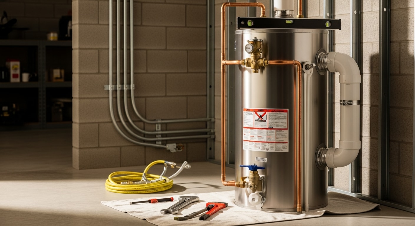 A licensed plumber from 1213 Plumbing LLC connecting supply lines to a large commercial water heater inside a Lubbock, Texas commercial utility room. The unit is mounted against a concrete block wall with visible gas and water connections in place.