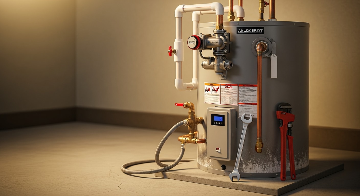 A licensed plumber inspecting a large commercial water heater tank inside a utility room at a Lubbock, Texas business property. The technician is checking valve connections and heating components on a high-demand commercial unit.