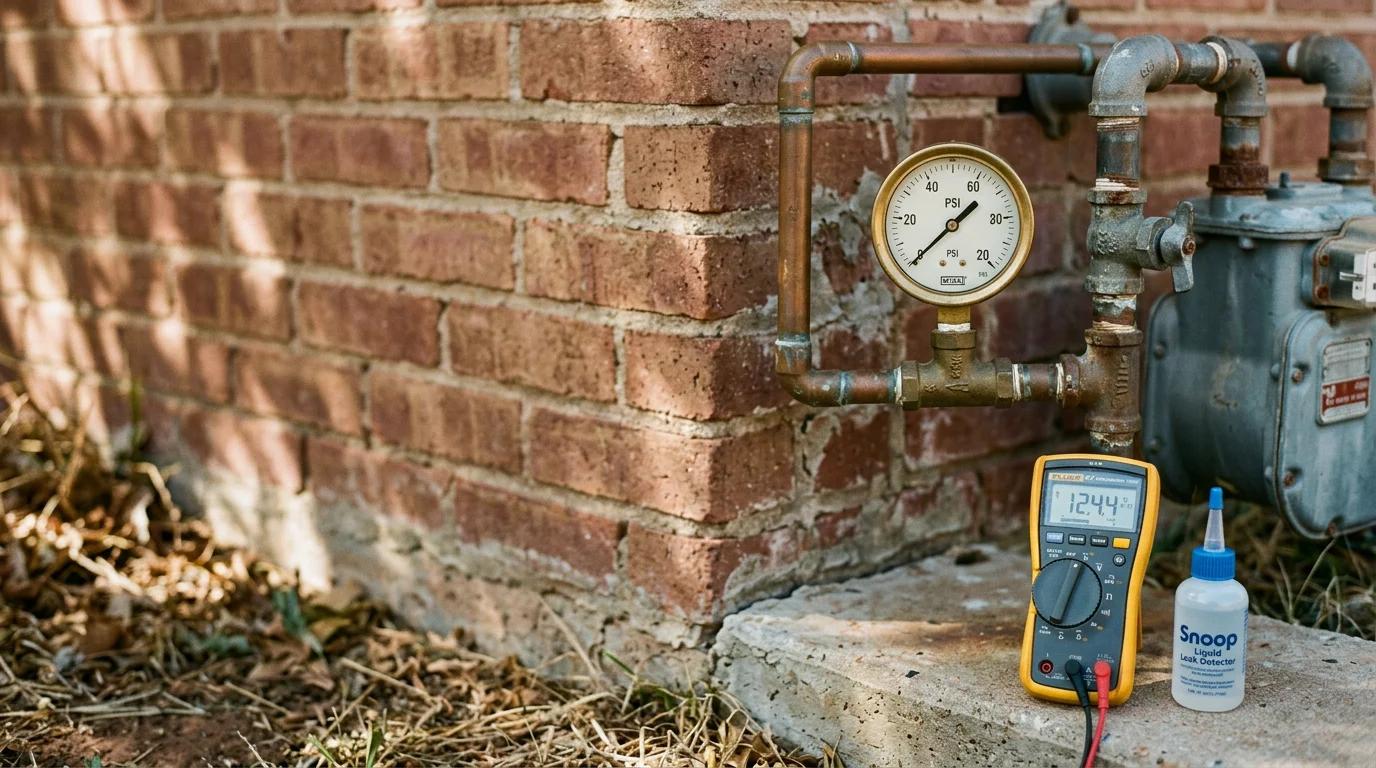 A plumber performing a gas line pressure test on exposed residential piping inside a Lubbock, Texas home. The technician checks fittings and connections at a water heater during a safety inspection.