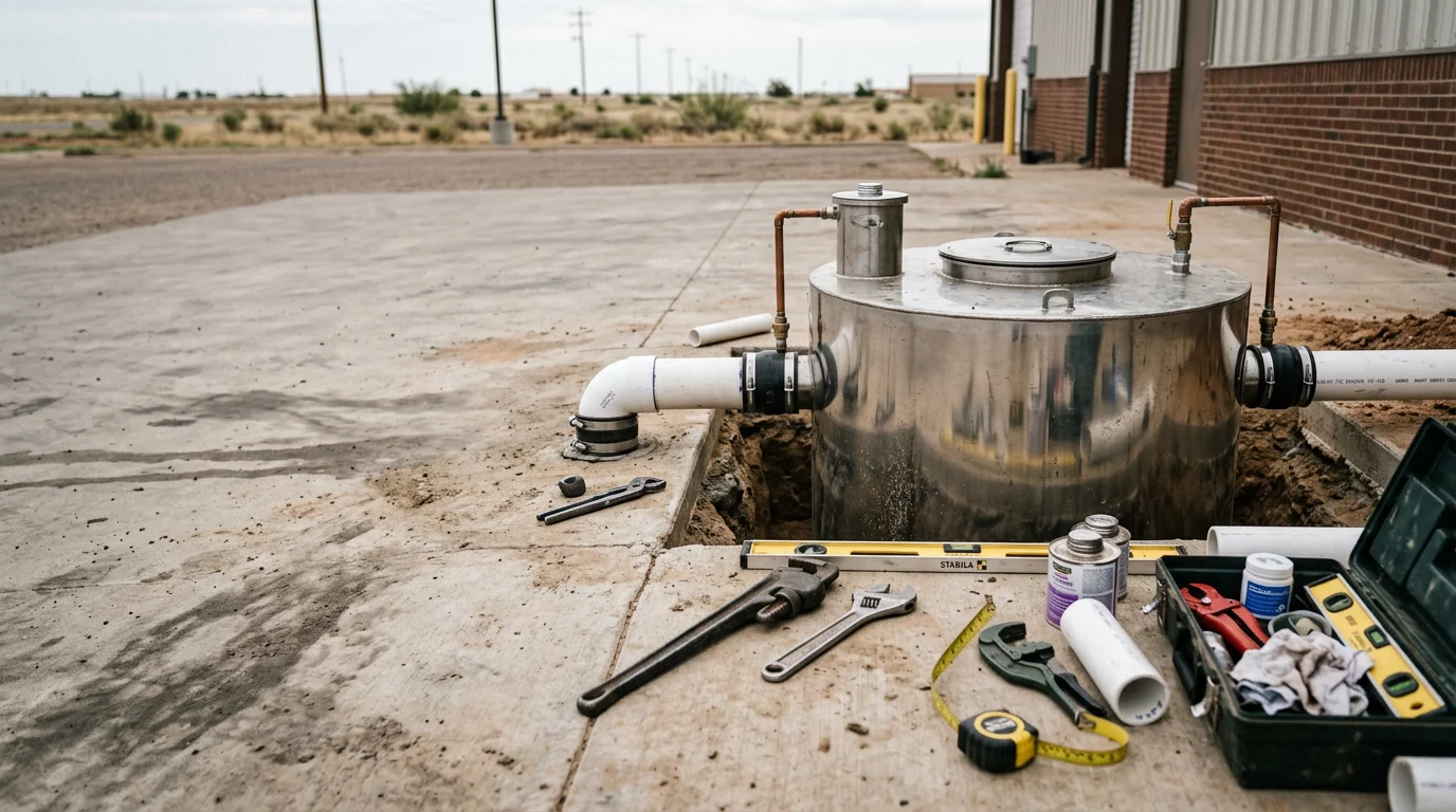 A plumber inspecting a newly installed commercial grease interceptor outside a food service building in Lubbock, Texas. The unit sits flush with the ground with inlet and outlet pipes properly aligned and an effluent sampling well visible.