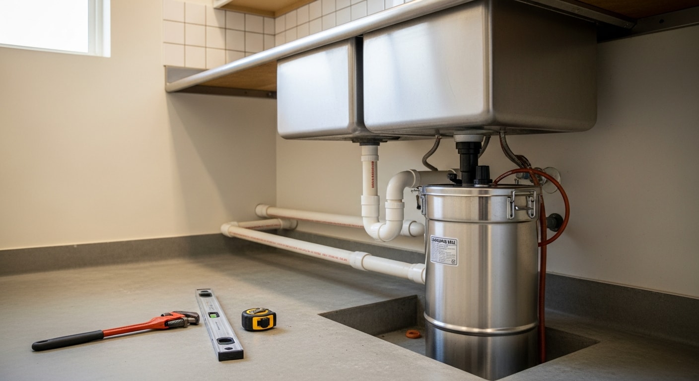 A licensed plumber connecting inlet and outlet pipes on a newly installed commercial grease interceptor outside a Lubbock, Texas restaurant. The unit sits on a level concrete pad with an effluent sampling well visible beside it.