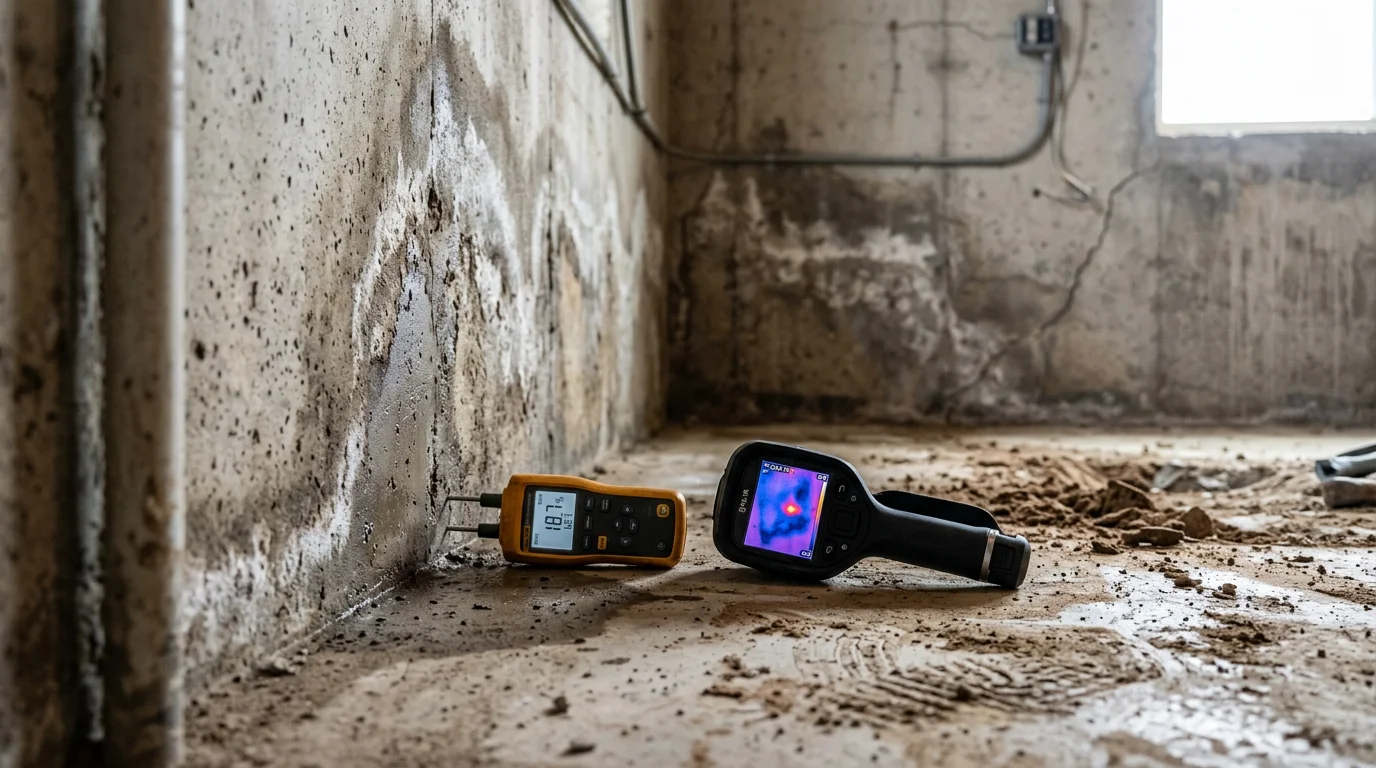 A plumber inspecting a water supply line beneath a residential slab in Lubbock, Texas, using detection equipment to locate a hidden pipe leak. The surrounding soil shows the dry, clay-heavy ground common across the South Plains region.
