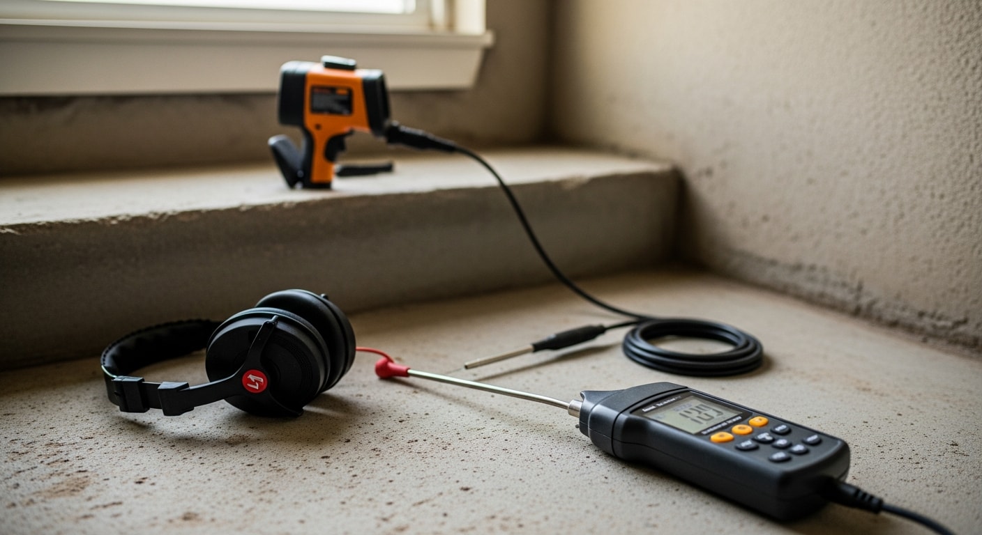 A plumber using non-invasive detection equipment on the concrete slab floor of a Lubbock, Texas home. The technician is scanning for a hidden pipe leak beneath the foundation.