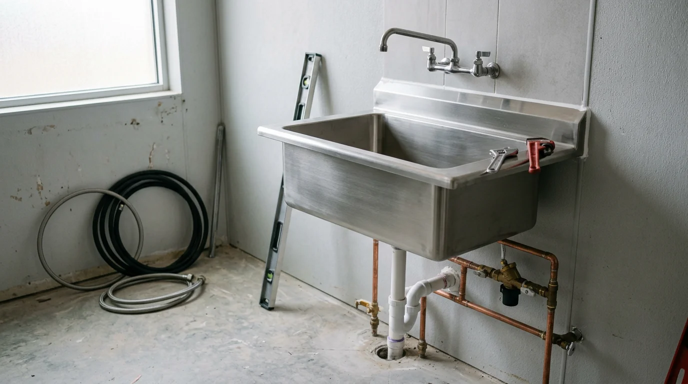 A floor-mounted commercial mop sink with wall-mounted faucet and drain strainer installed in a janitorial room at a Lubbock, Texas commercial facility. The basin is level and connected to supply and drain lines with visible backflow prevention hardware.