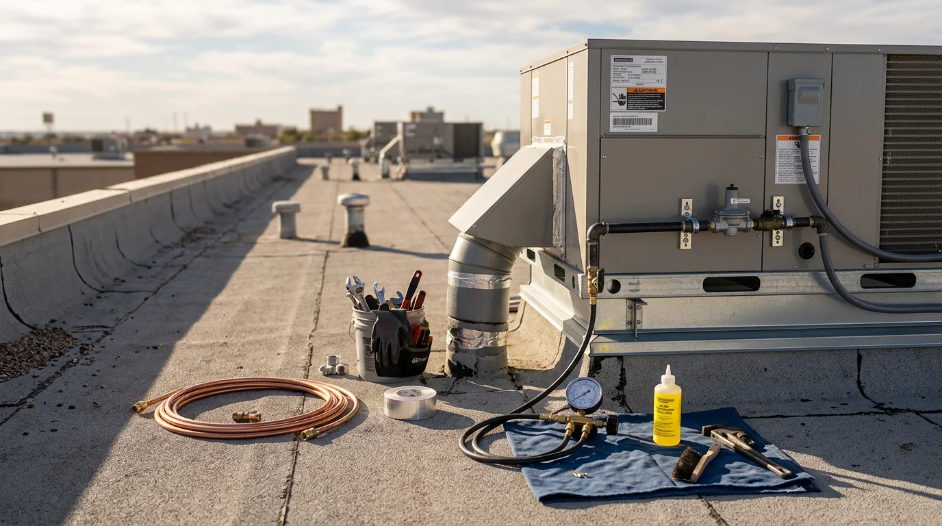 A rooftop gas unit mounted on a flat commercial building roof in Lubbock, Texas, with gas piping connections visible against a clear West Texas sky. A plumber from 1213 Plumbing LLC inspects the gas line fitting at the unit base.