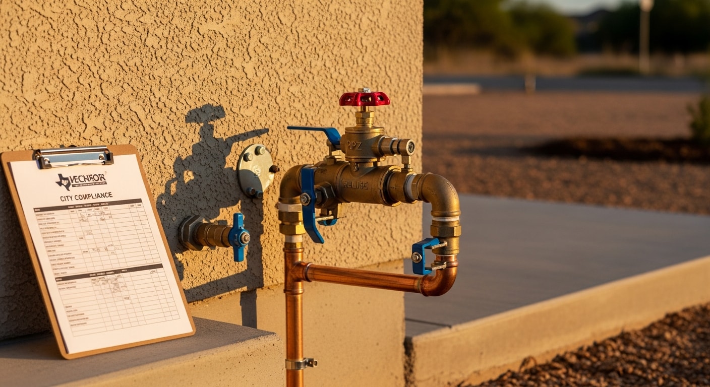 A licensed plumber from 1213 Plumbing LLC installing an RPZ backflow prevention assembly above grade at a residential property in Lubbock, Texas. The brass assembly is mounted on copper supply lines near the irrigation system connection point.